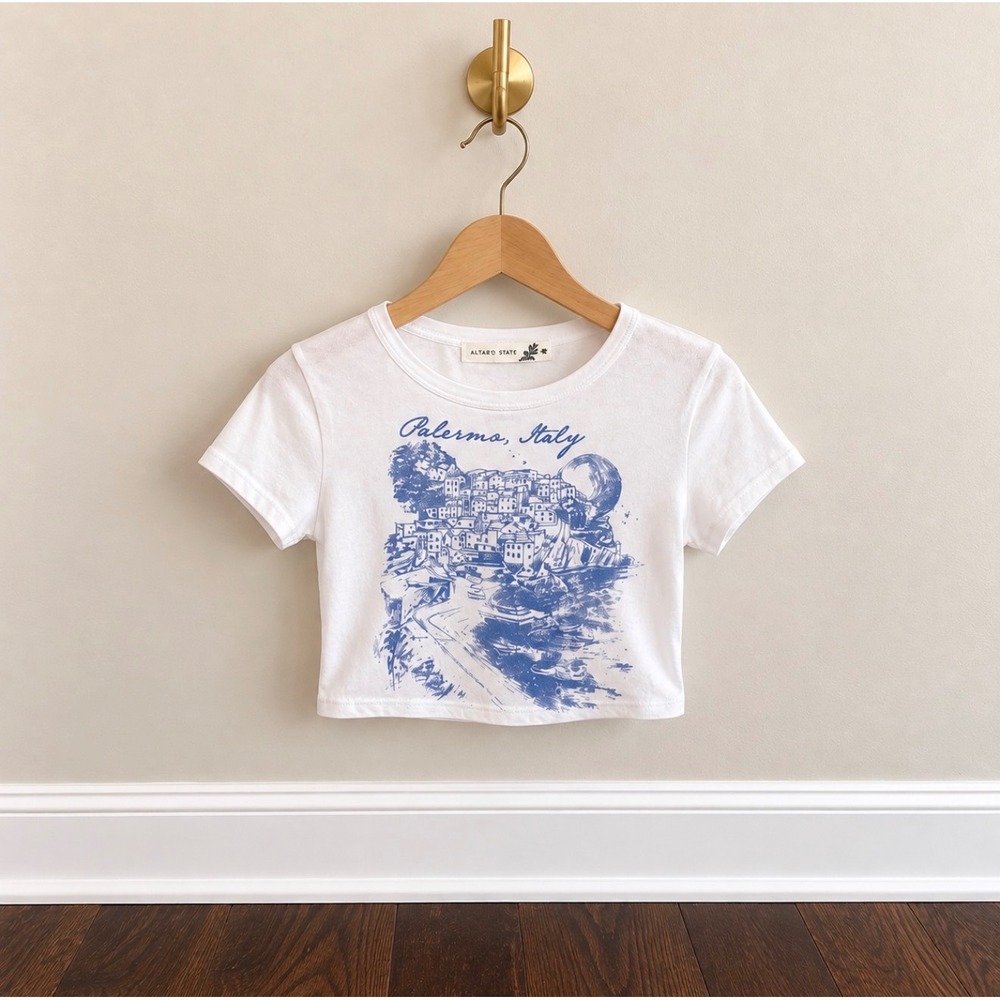 Altar'd State Palermo Italy Graphic Baby Tee White Blue Crop Top Small